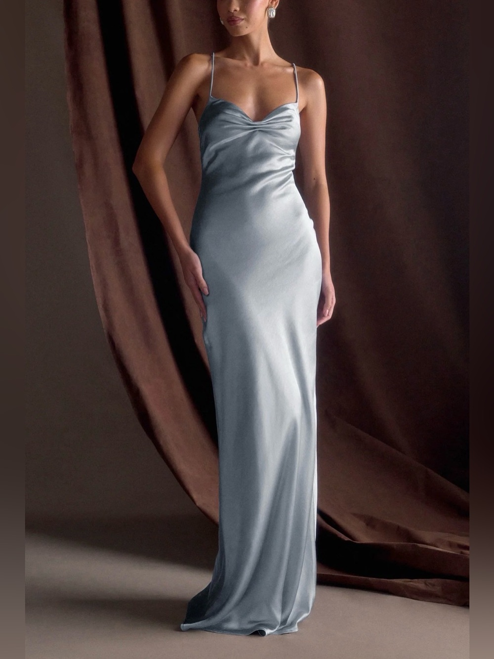 NWT Meshki Lilly Sweetheart Blue Satin Sleeveless Maxi Dress XXS in Frosted Blue